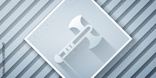 Paper cut War axe icon isolated on grey background. Battle axe, executioner axe. Medieval weapon. Paper art style. Vector.