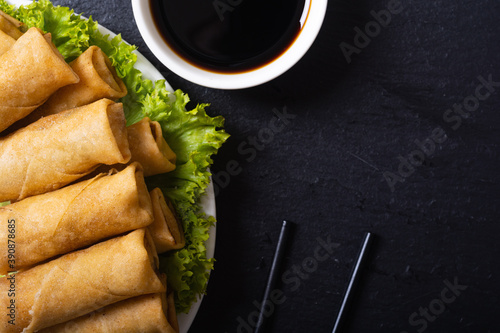 Εκτύπωση καμβά Fried spring rolls with vegetables on rustic background