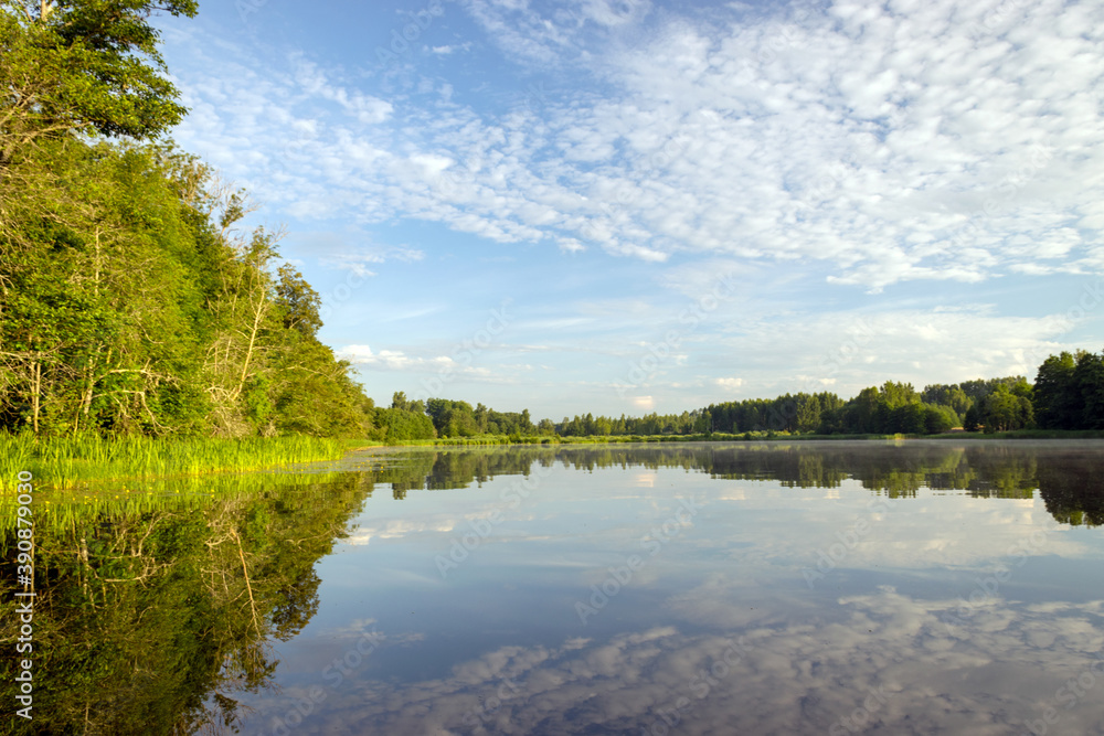 summer morning landscape on the lake, beautiful clouds and wonderful reflections in the lake mirror, summer morning by the water summer morning landscape on the lake, beautiful clouds and wonderful reflections in the lake mirror, summer morning by the water