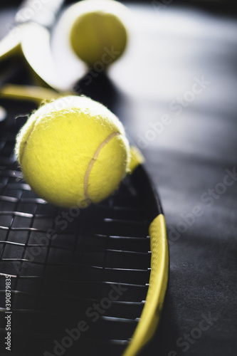 sport fitness equipment. Top view tennis racquet balls and silver cup © allasimacheva