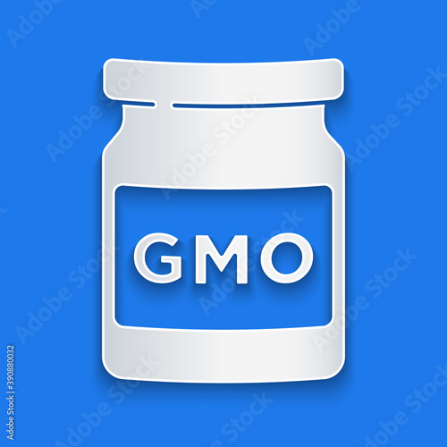 Paper cut GMO icon isolated on blue background. Genetically modified organism acronym. Dna food modification. Paper art style. Vector.