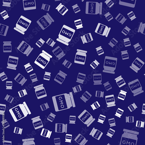 White GMO icon isolated seamless pattern on blue background. Genetically modified organism acronym. Dna food modification. Vector.