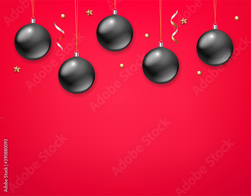 Holiday greeting card template with black baubles on red background