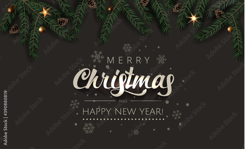 Christmas Celebration tree branches with fir-cones, gold stars and gold beads on Rich Dark background. Merry Christmas and Happy New Year Greeting card illustration.