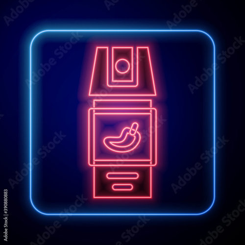 Glowing neon Pepper spray icon isolated on blue background. OC gas. Capsicum self defense aerosol. Vector.