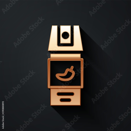 Gold Pepper spray icon isolated on black background. OC gas. Capsicum self defense aerosol. Long shadow style. Vector.