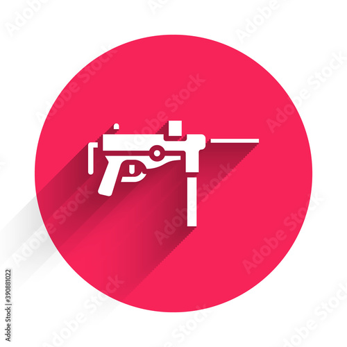 White Submachine gun M3, Grease gun icon isolated with long shadow. Red circle button. Vector.
