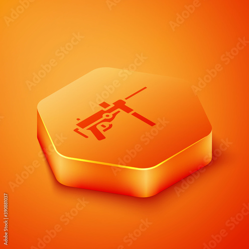 Isometric Submachine gun M3, Grease gun icon isolated on orange background. Orange hexagon button. Vector.