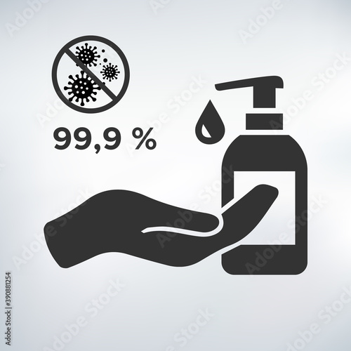 Antiseptic icon, hand sanitizers. Alcohol rub sanitizers kill most bacteria from hands and stop viruses. Sanitizer bottle, wall mounted container, liquid soap icon - stock vector