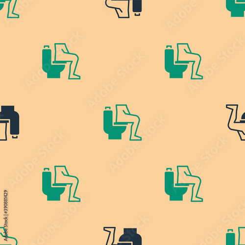 Green and black Men sitting on the toilet and Constipation are experiencing severe abdominal pain icon isolated seamless pattern on beige background. Vector.