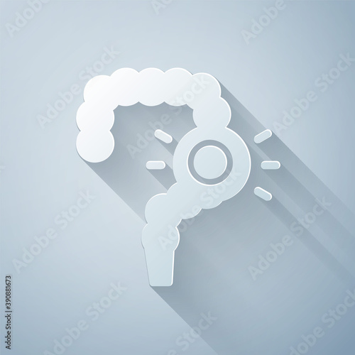 Paper cut Gut constipation icon isolated on grey background. Bowel problems. Paper art style. Vector.