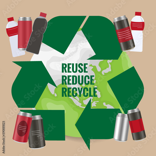 Recycle symbol with plastic bottles and cans. Vector symbol on the packaging, vector Illustration