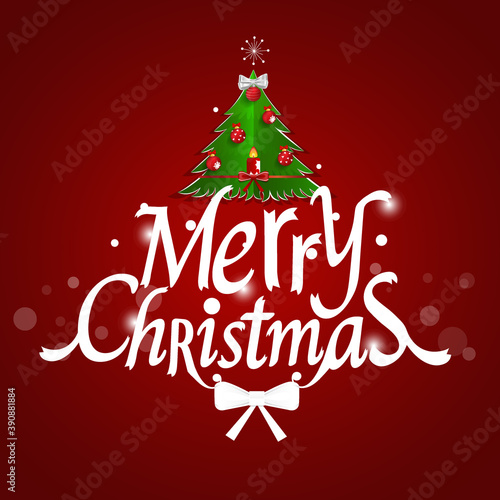 Christmas Greeting Card. Merry Christmas lettering with Christmas tree, vector illustration.