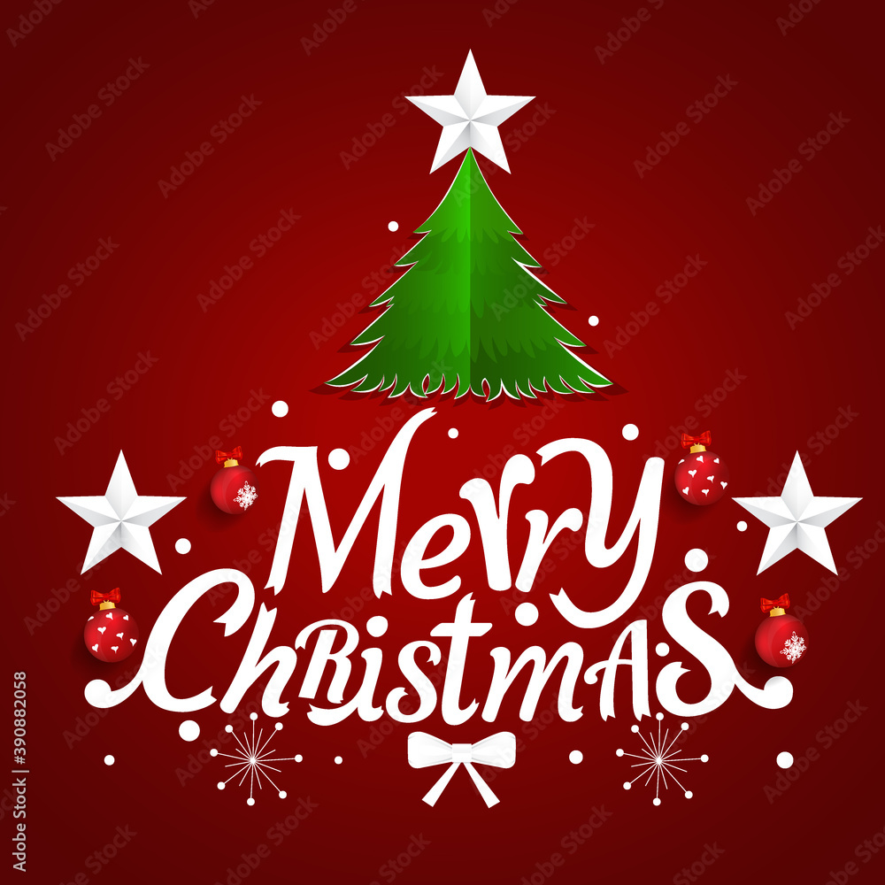 Christmas Greeting Card. Merry Christmas lettering with Christmas tree, vector illustration.