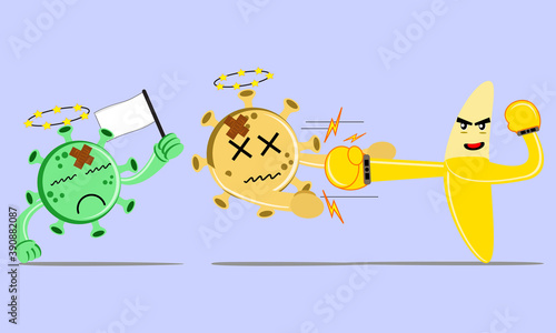 Illustration vector graphic cartoon character of a banana beat the virus with a smash hit