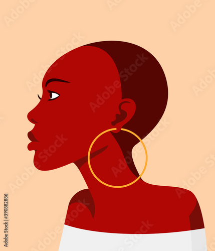 Young african girl in profile with a bald hairstyle. Vector flat avatar for social network.