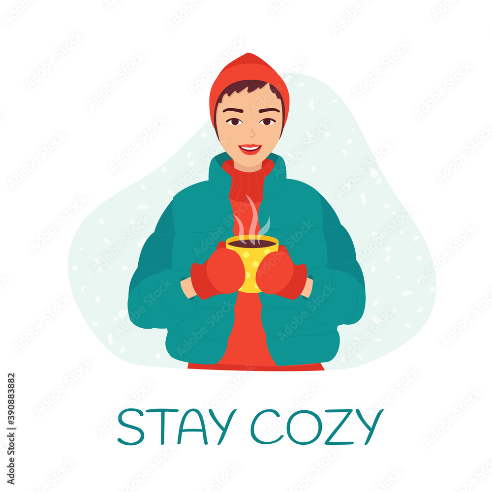 Obraz premium Young smiling woman in modern clothes holds a mug with a hot drink in her hand. Snowflakes on background. Сoncept of a cozy winter, cute postcard, banner, poster. Isolated vector illustration