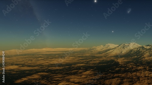 science fiction landscape  view from a beautiful planet  beautiful space background  alien planet landscape 3d render