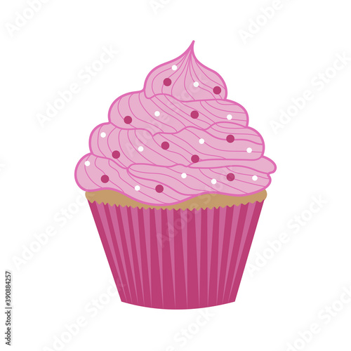 Sweet cupcake with pink frosting.Coffee break party element in flat cartoon style. Vector illustration isolated on white background. 