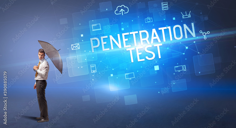 Businessman defending with umbrella from cyber attack and PENETRATION TEST inscription, online security concept Businessman defending with umbrella from cyber attack and PENETRATION TEST inscription, online security concept