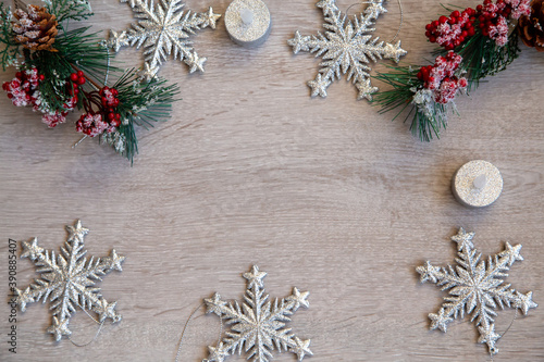 Festive Christmas card with fir tree and snowflakes on wood background. Christmas template for banner, ticket, leaflet, card, invitation, poster 