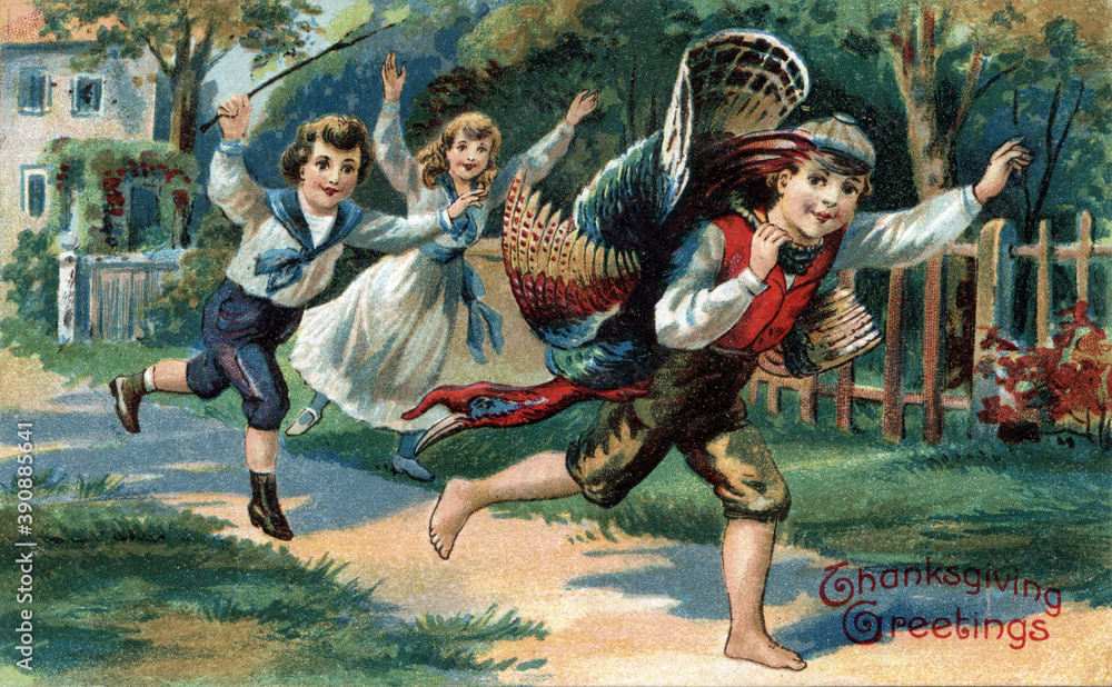 Boy running with turkey, friends chasing after. Vintage Thanksgiving Theme Postcard, restored artwork, colors and details enhanced. Festive Autumn illustrations from the past. 800 dpi