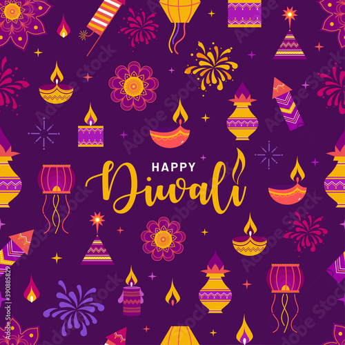 Beautiful seamless pattern design, Stylish text typography of " Happy Diwali". Illustration for celebration of indian festival celebration doodle element on purple background.