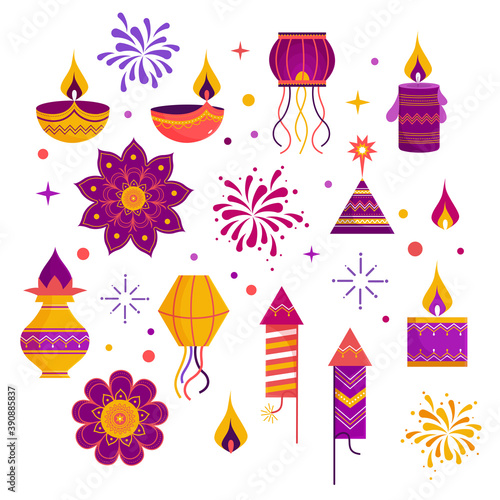 Diwali festival celebration icon or doodle element set for indian festival " Happy Diwali".