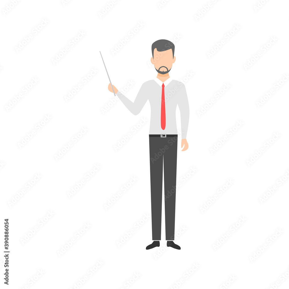 Young man with a pointer. Teacher showing presentation. Education concept. Businessman holding pointer. Vector illustration isolated on white. Young man with a pointer. Teacher showing presentation. Education concept. Businessman holding pointer. Vector illustration isolated on white.