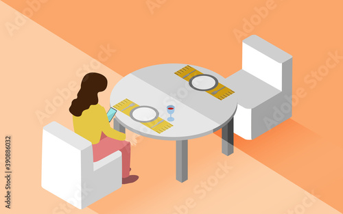 レストランで一人で連絡を待つ女性　アイソメトリック