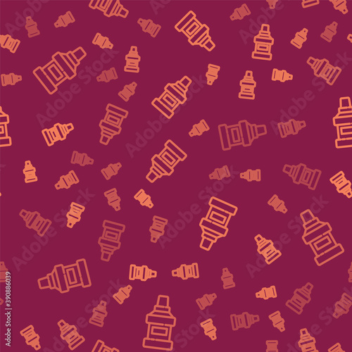 Brown line Mouthwash plastic bottle icon isolated seamless pattern on red background. Liquid for rinsing mouth. Oralcare equipment. Vector.