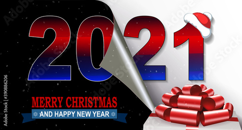 Christmas composition happy new year 2021, white box cover with red bow