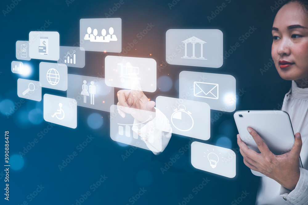 Business Asian woman touching Big data Cloud and business intelligence with chart and graph icons, Team success, HR Human, Business success and teamwork concept. Business Asian woman touching Big data Cloud and business intelligence with chart and graph icons, Team success, HR Human, Business success and teamwork concept.