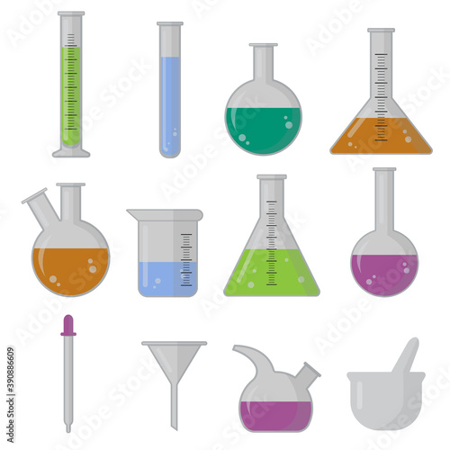Set of science lab equipment. Beakers, flasks and test tubes for scientific experiments. Vector Illustration
