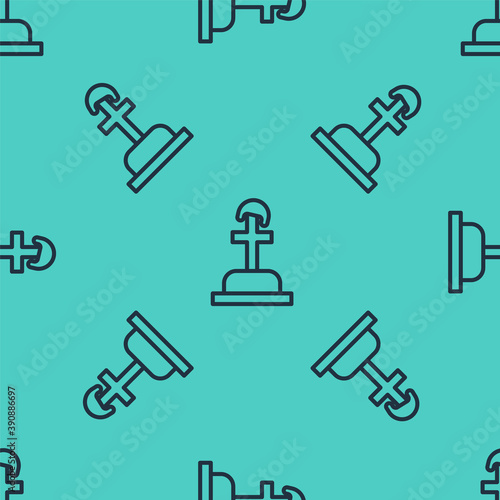 Black line Soldier grave icon isolated seamless pattern on green background. Tomb of the unknown soldier. Vector.