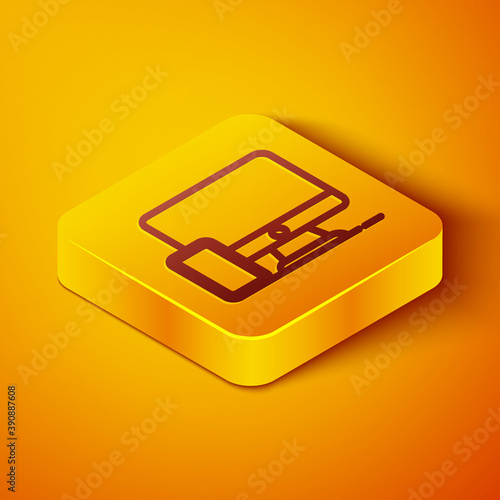 Isometric line Computer monitor and mobile phone icon isolated on orange background. Earnings in the Internet, marketing. Yellow square button. Vector.