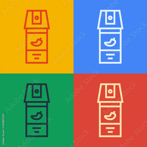 Pop art line Pepper spray icon isolated on color background. OC gas. Capsicum self defense aerosol. Vector.