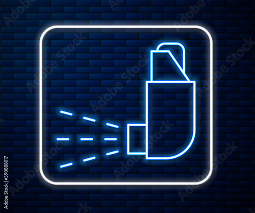 Glowing neon line Inhaler icon isolated on brick wall background. Breather for cough relief, inhalation, allergic patient. Medical allergy asthma inhaler spray. Vector.