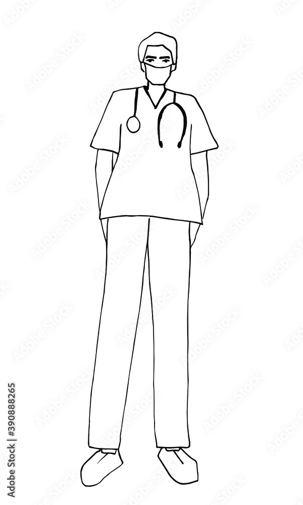 Doctor in uniform and mask with tonometer. Hand drawn doodle man illustration.