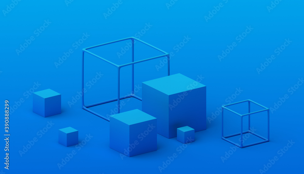 Fototapeta premium Abstract 3d render, geometric composition, blue background design with cubes