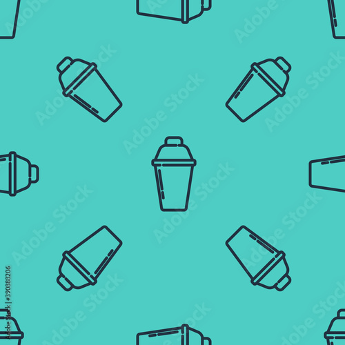 Black line Cocktail shaker icon isolated seamless pattern on green background. Vector.