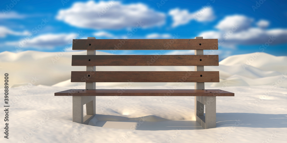 Wooden bench in snow covered landscape, blue clear sky. 3d illustration