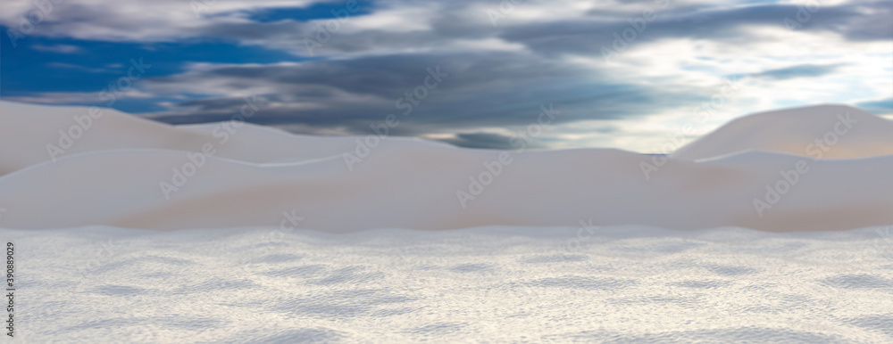 Snowy landscape, blue cloudy sky. Christmas snow covered field, copy space. 3d illustration
