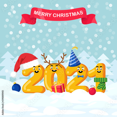Merry Christmas and Happy New Year 2021. Numerals with santa claus hat  gift boxes  decorative balls. Vector flat design
