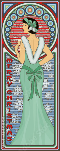 Art Nouveau xmas card, Santa claus girl wirh champagne, vector illustration