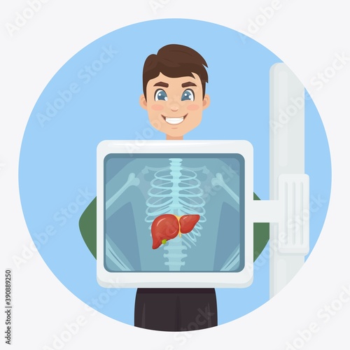 X-ray machine for scanning human body. Roentgen of chest bone. Ultrasound of the liver. Medical examination for surgery. Vector flat design