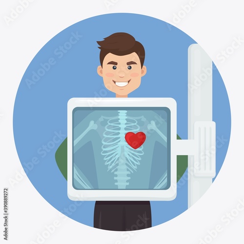 X-ray machine for scanning human body. Roentgen of chest bone. Heart diagnosis. Medical examination of cardiac disease for surgery. Ultrasound of organs