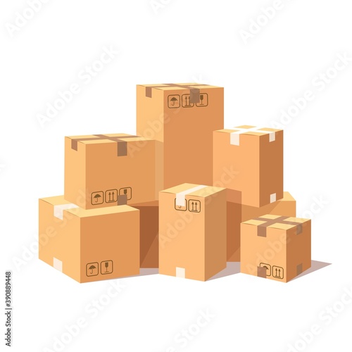 Set of 3d isometric carton, cardboard box. Transportation package in store, distibution concept. Vector cartoon design © buravleva_stock