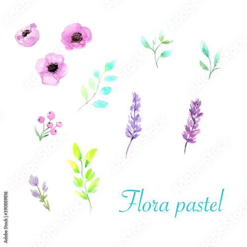 Watercolor illustration. A set of flora elements in pastel colors. Pale pink and gray flowers, blue and mint leaves. Delicate natural set. © Tatiana