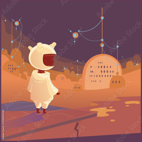 Vector illustration of astronaut on Mars. Spaceman on the other planet surface, colonization station, future travel concept in flat cartoon style.